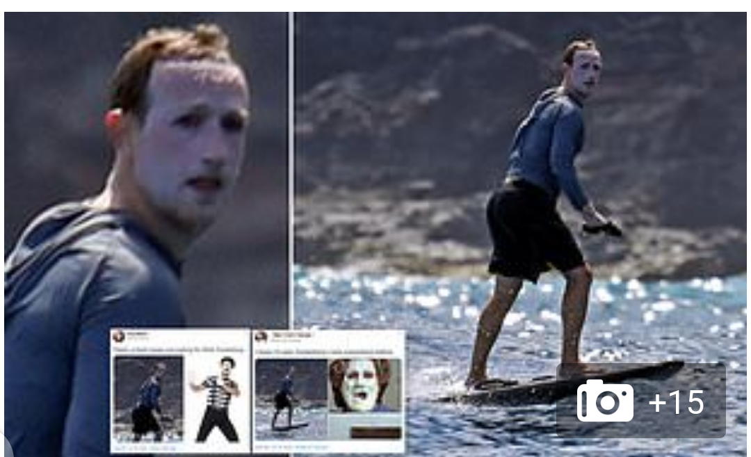 ‘I regret it’: Mark Zuckerberg reveals he plastered his face in sunscreen as a disguise from photographers while surfing in Hawaii – that led to comparisons with The Joker, the moon and a lizard