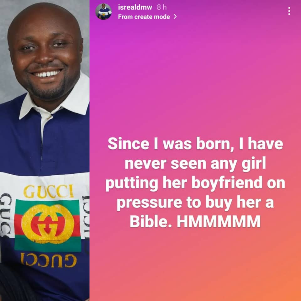 I’ve never seen a girl pressurizing her boyfriend to buy her a bible – Davido’s aide, Israel, DMW, writes