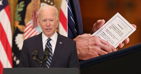 Joe Biden, 78, is alledged to be suffering from dementia as he  accidentally reveals cheat sheets and prompts he used to navigate his first press conference (photos)