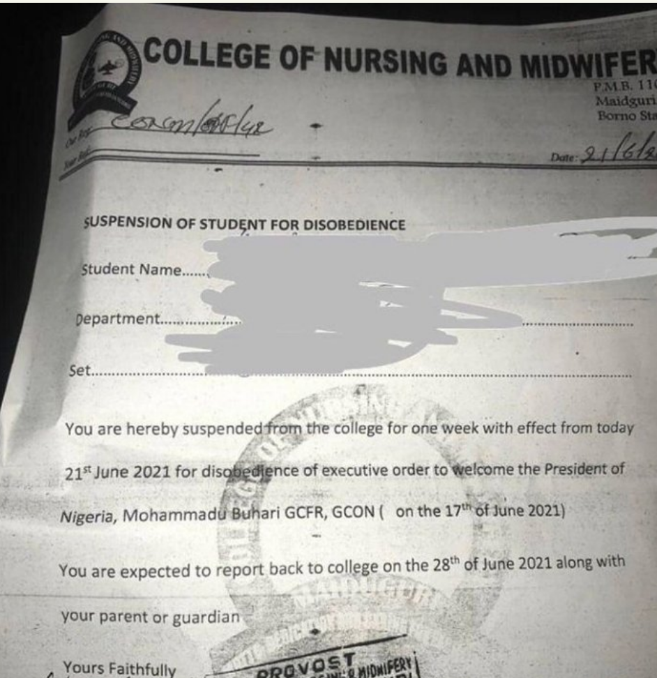 Nursing Student Suspended In Borno For Not Welcoming Buhari
