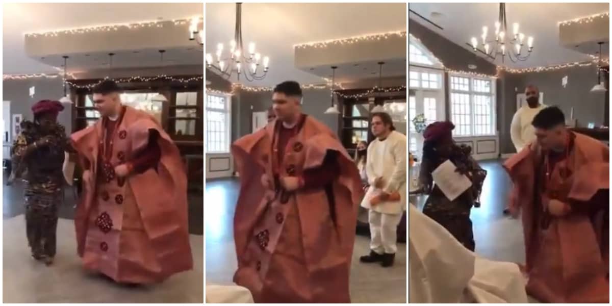 White man in native wear ‘shakes body’ to Yoruba song in viral video, Nigerians say his dance moves are funny (watch the hilarious video)