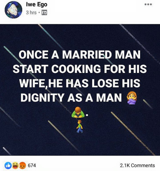 Argument ensues as man opined that 'a married man who cooks for his wife has lost his dignity as a man'