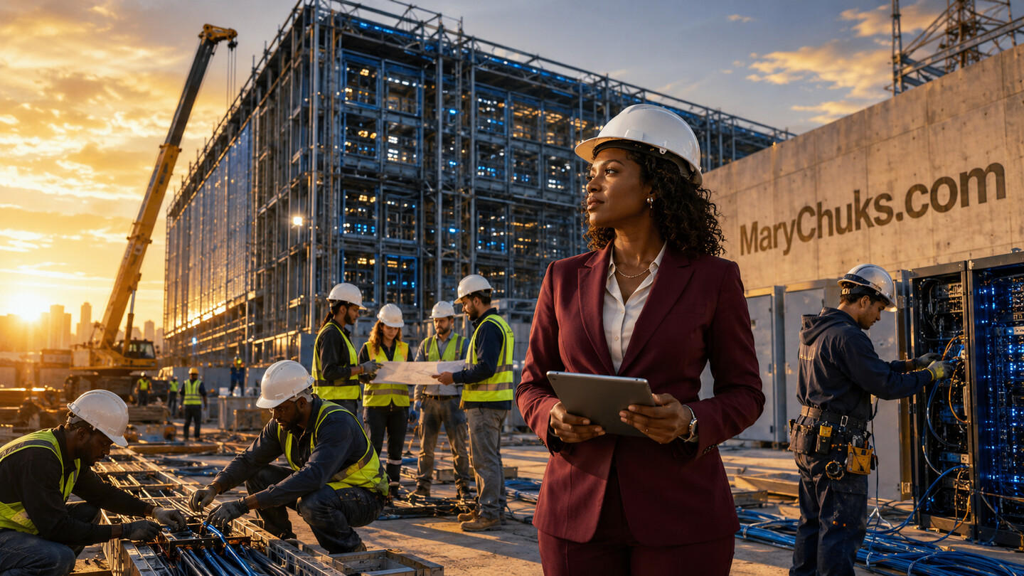 Project director and skilled tradespeople building an AI data centre