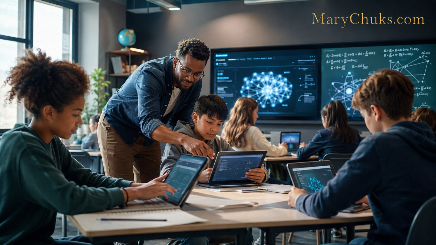 Teacher guiding students using AI-enhanced learning tools in a modern classroom.