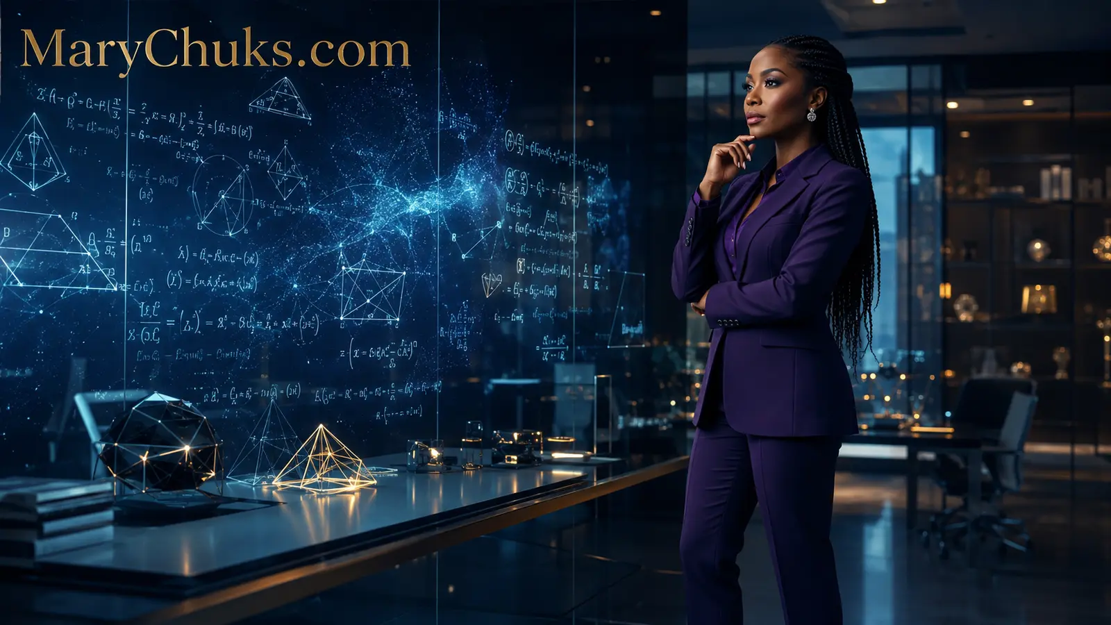 Black female AI research leader studying mathematical proofs in a MaryChuks.com laboratory.