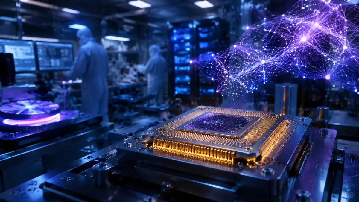 A custom artificial intelligence accelerator glowing inside a high-security semiconductor laboratory.