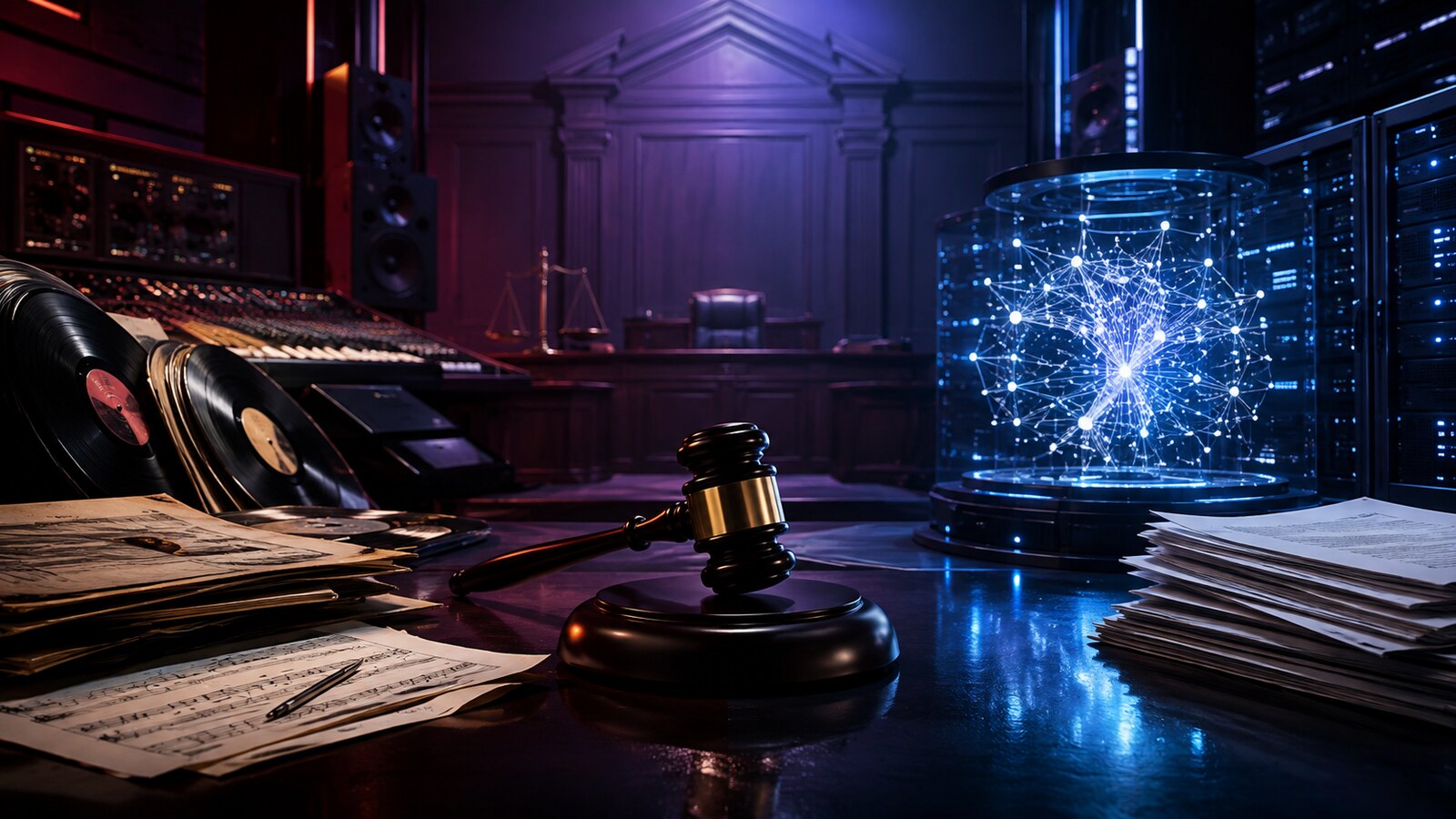 Judge's gavel between music records and a glowing artificial intelligence server, representing the Anthropic copyright lawsuit