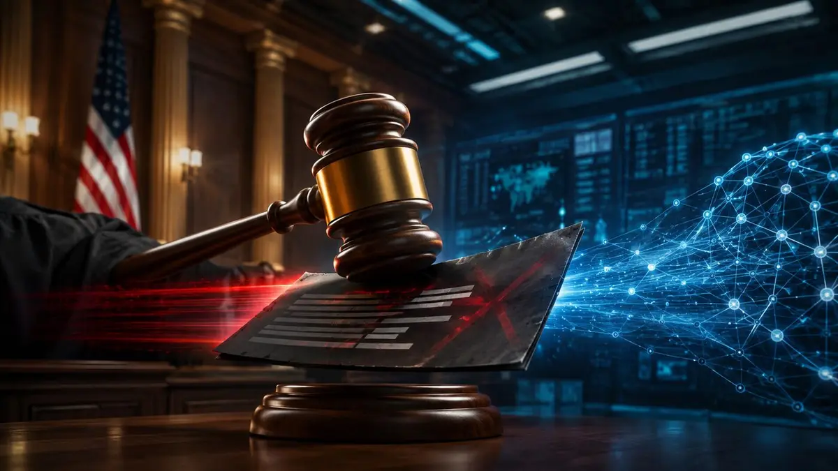 A judge’s gavel stopping a blacklist document beside a luminous artificial intelligence network.