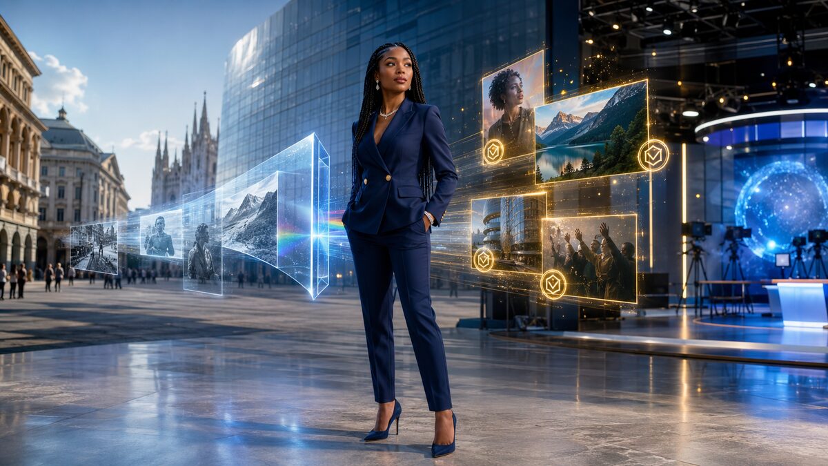 Black female technology executive overseeing verification of AI-generated media in a European civic plaza