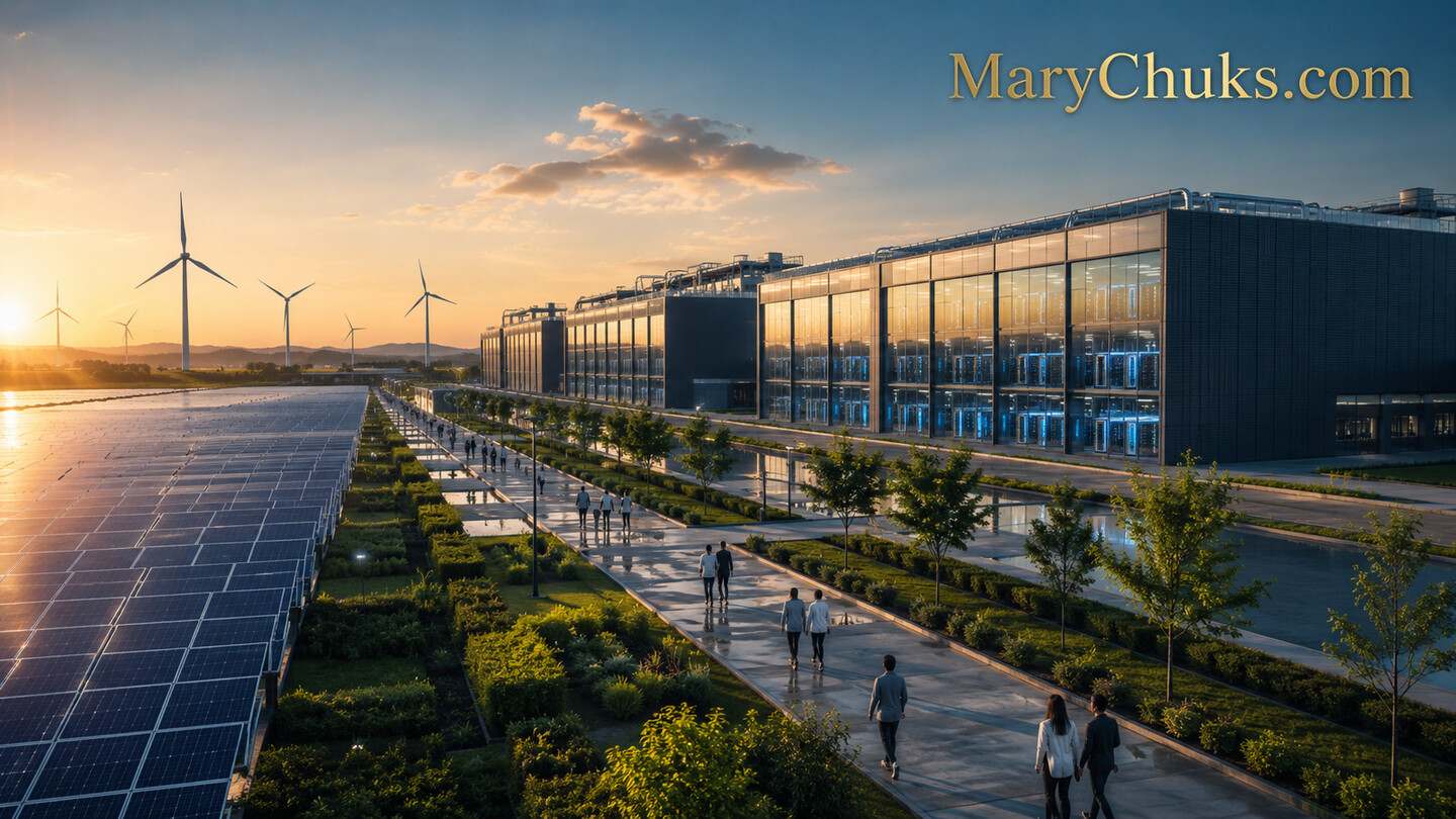 Sustainable European AI megafactory powered by solar panels and wind turbines.