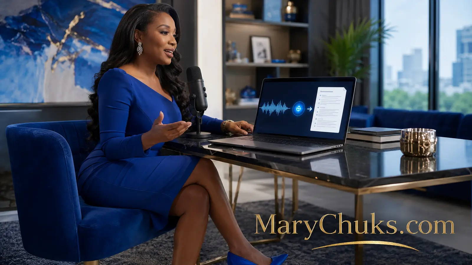 Black female CEO using voice AI on a laptop in a MaryChuks.com creative studio.
