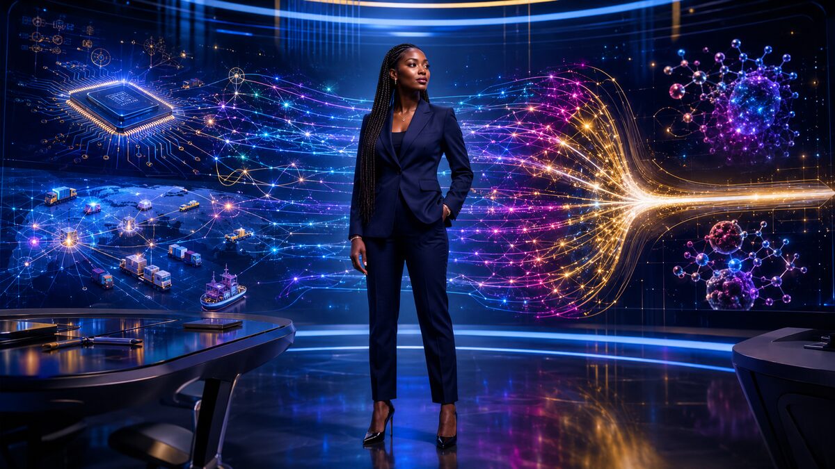 Black female technology executive overseeing an AI system evolving better algorithms across chips logistics and science