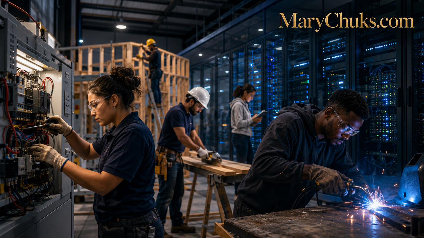 Adult learners training in electrical, welding and construction skills beside data-centre infrastructure.