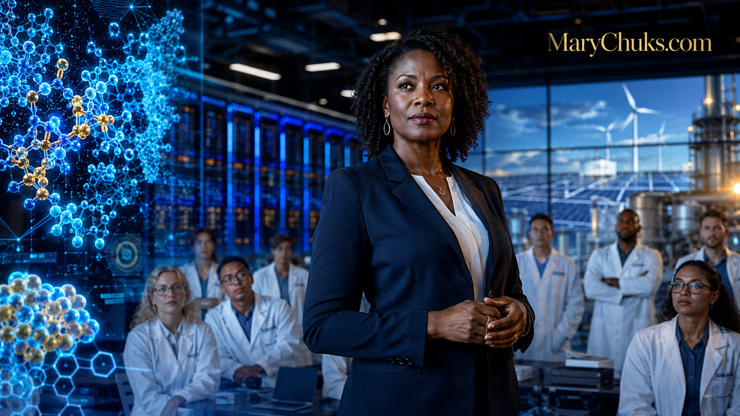 Black woman scientist leading an AI-powered research team in an advanced laboratory.