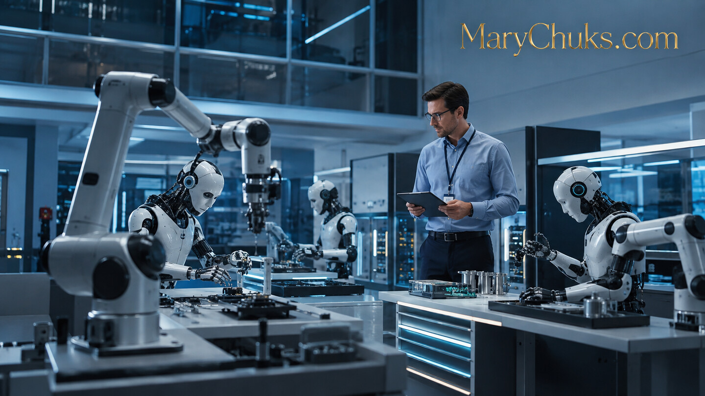 Engineer supervising several robots collaborating on precision laboratory tasks.
