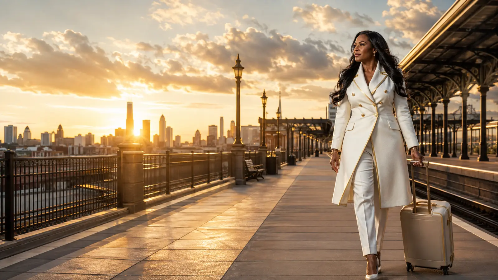 Black female CEO in a white-and-gold coat suit walking purposefully along a London railway platform at sunrise toward a new chapter.