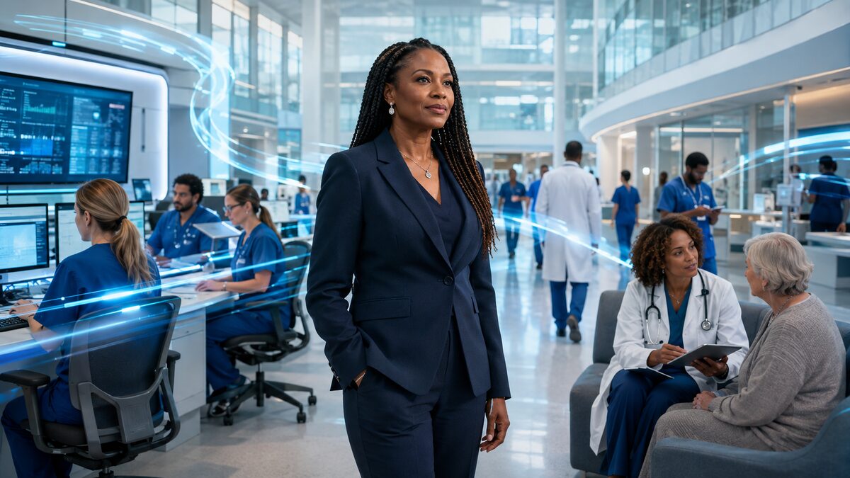 Black female technology executive in a modern hospital where AI supports clinicians and patients