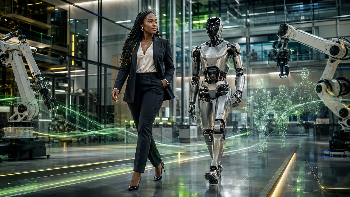 Black female technology executive walking beside an advanced humanoid robot in a robotics factory
