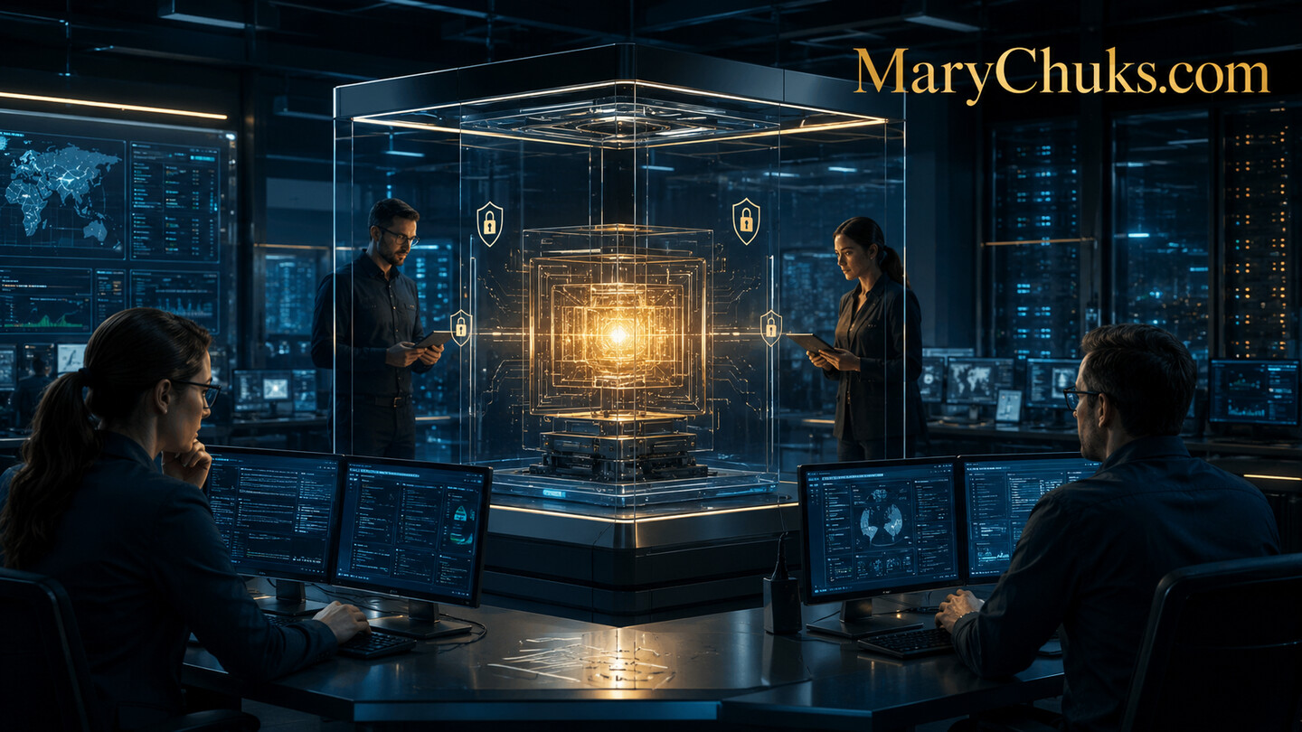 AI safety researchers monitoring a secured advanced model inside a cyber operations centre.