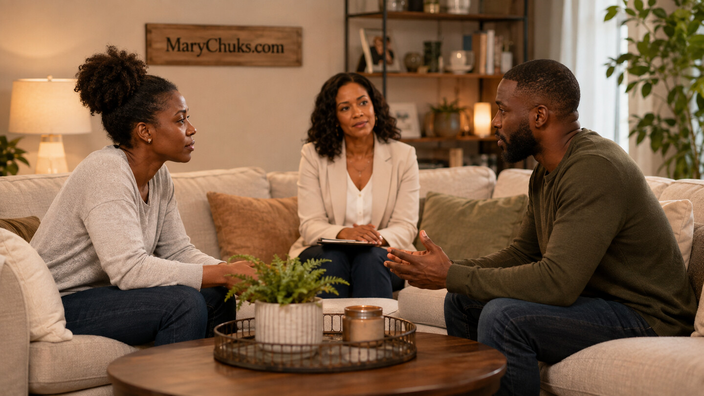 Adults holding a calm relationship-repair conversation with a psychologist