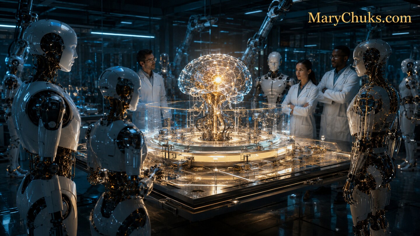 Humanoid robots gathered around a glowing artificial brain in a laboratory