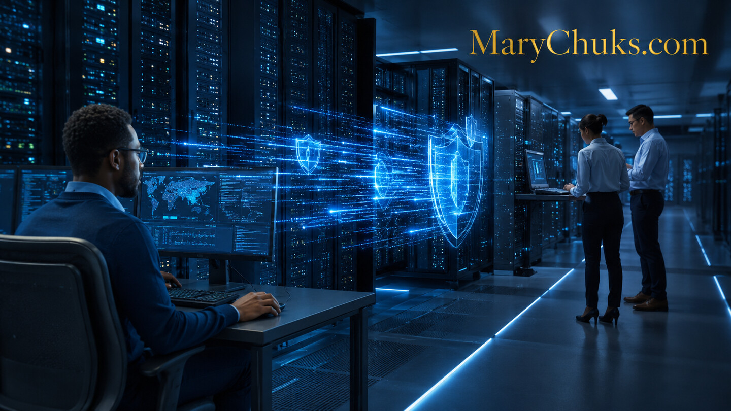 Enterprise engineers securing private AI requests inside a protected data centre.