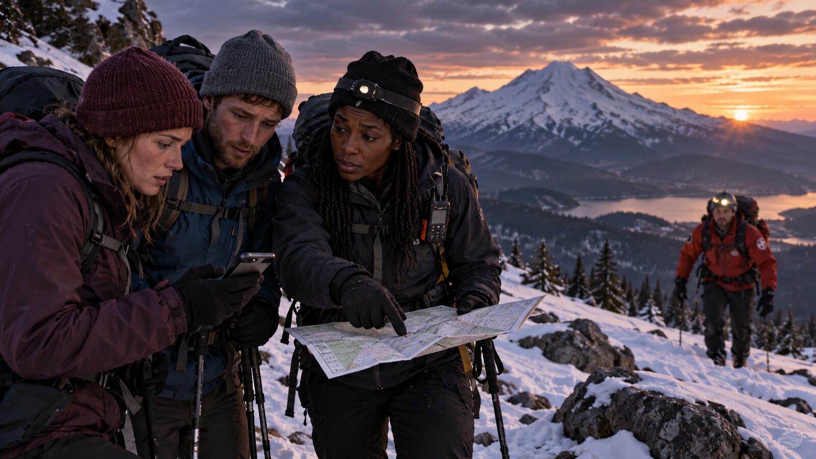 Three hikers consult a phone and paper map with a mountain-safety expert while a ranger approaches on snowy Mount Shasta at dusk.