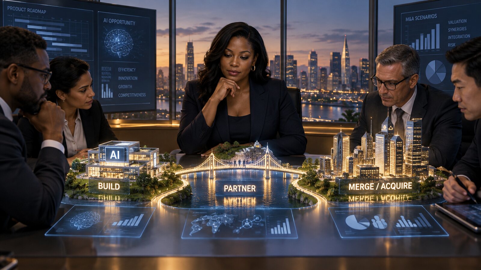 A Black female technology CEO evaluates build, partner and acquisition routes with her leadership team.