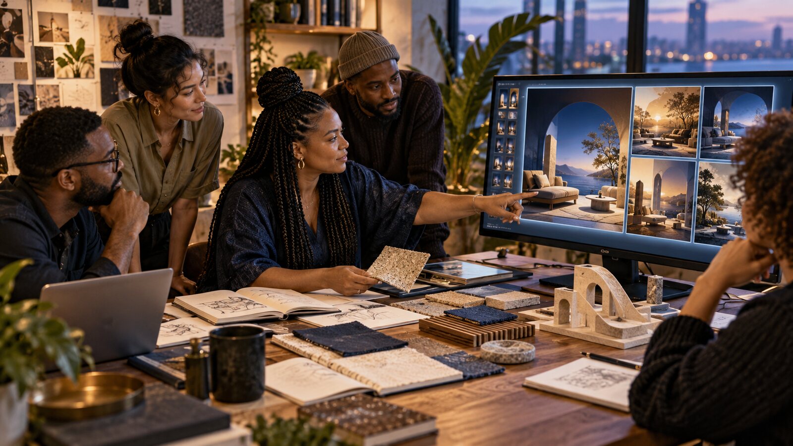 A Black female creative director compares sketches, materials and physical prototypes with AI-generated design variations.