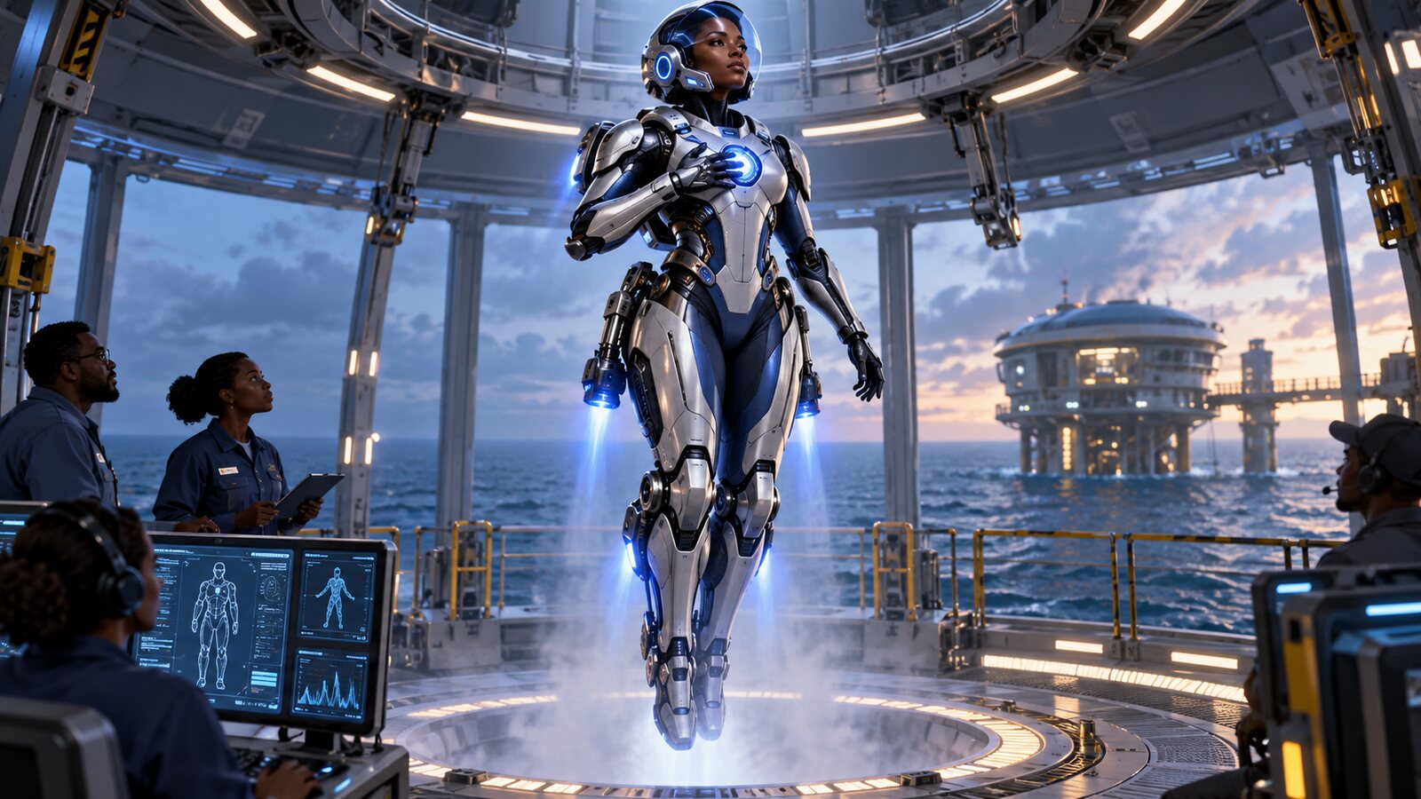 A Black female Scaler Queen engineer activates a futuristic neural suit and begins a controlled lift-off in an offshore test chamber.