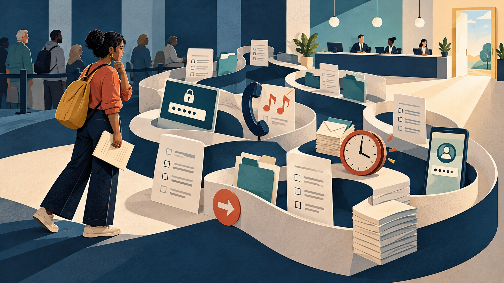 Conceptual AI illustration of a woman navigating a looping public-service path of forms, passwords, telephone waiting and repeated documents while an open doorway is visible ahead.