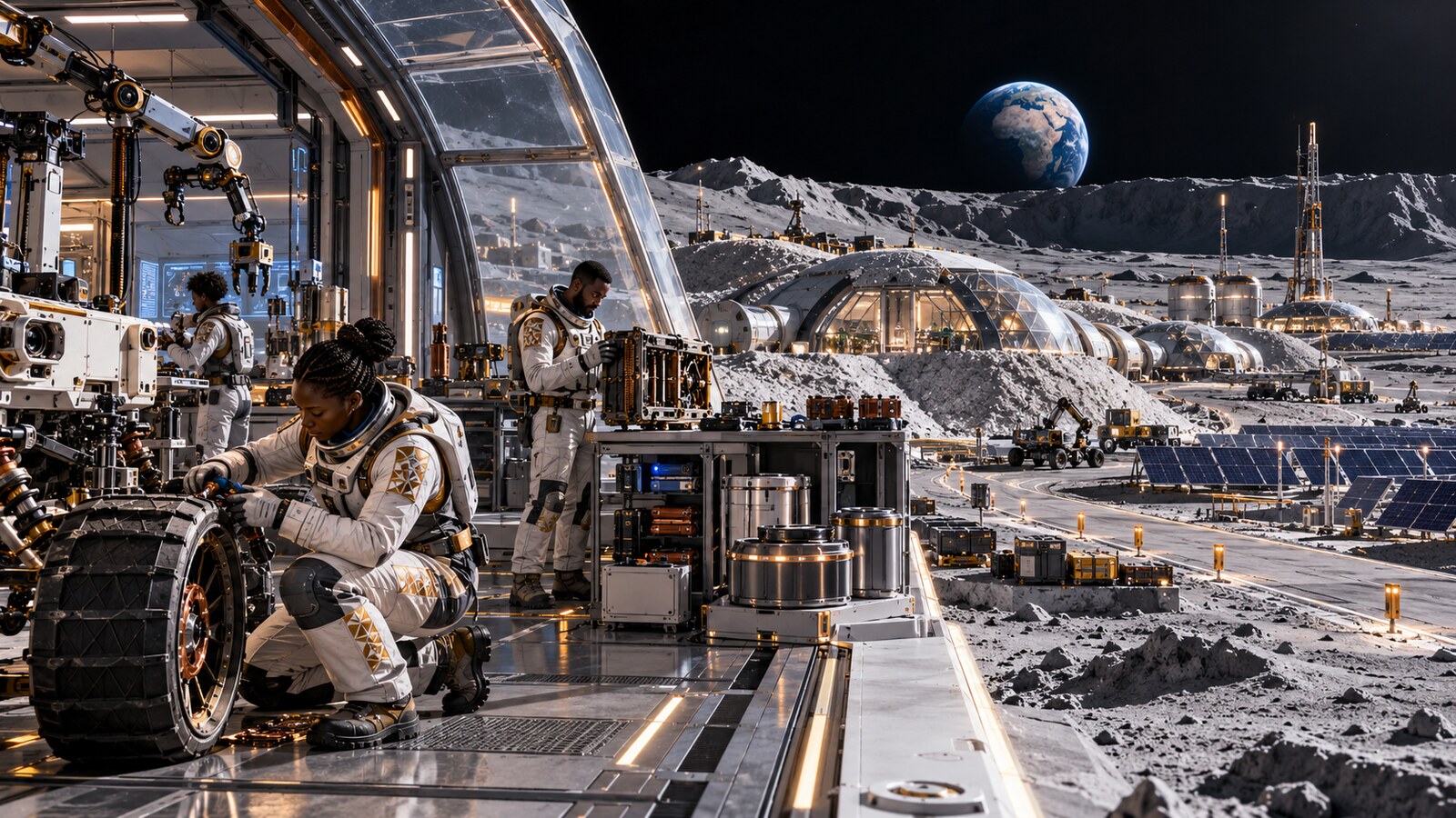 Conceptual AI illustration of Black African engineers repairing a rover wheel and modular equipment inside a lunar workshop, with a regolith-shielded settlement beyond.