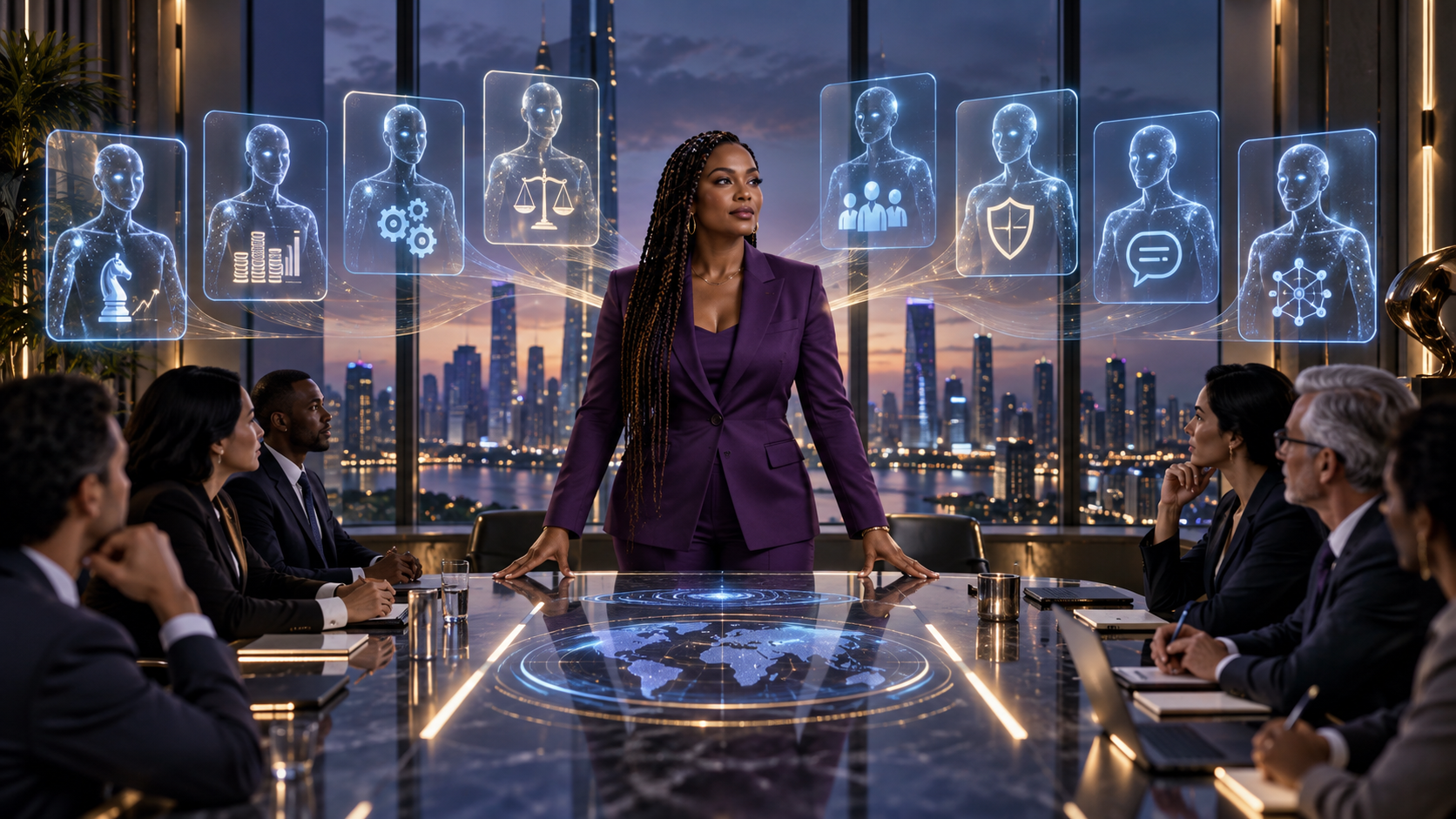 Black female CEO leading a boardroom while eight specialist AI-agent panels support executive decision-making.