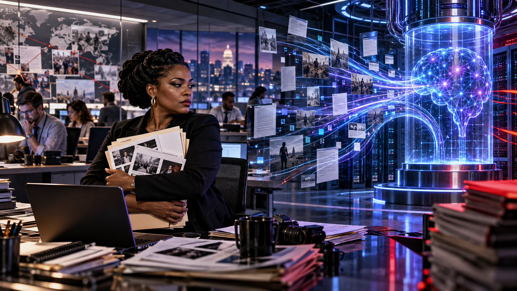 Black female publisher protecting original reporting in a newsroom beside a powerful generative AI data network