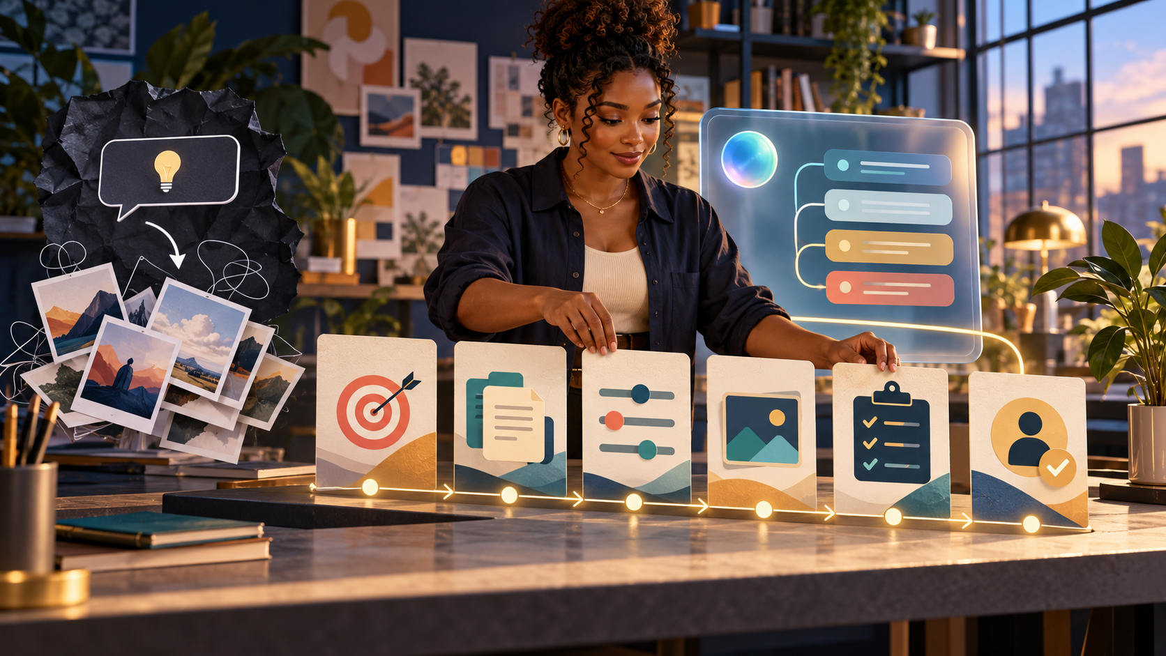 Conceptual AI illustration of a Black woman creator arranging six workflow cards for purpose, inputs, constraints, examples, quality checks and human approval.