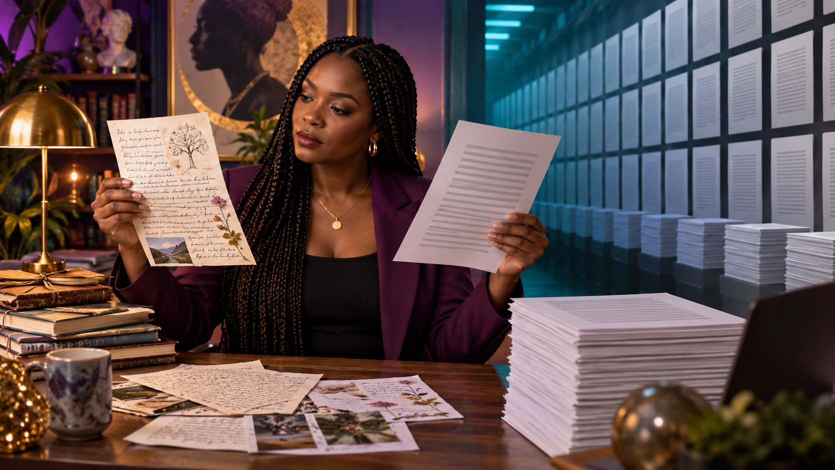 Black female psychologist comparing expressive handwritten pages with uniform stacks of AI-polished writing