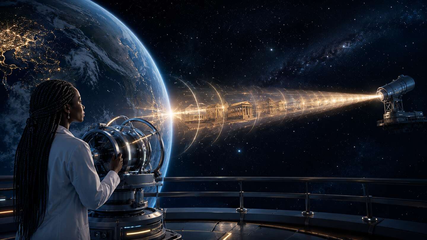 Black female astrophysicist observing a stream of ancient Earth light travelling across space toward a distant telescope