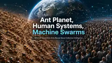 Ant colony, human crowd and digital network visual representing collective intelligence across biological, social and machine systems.