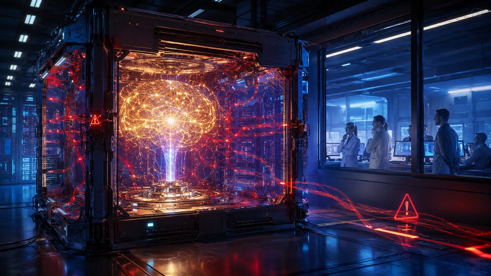Artificial intelligence system inside a secure laboratory with warning signals and safety researchers monitoring containment.