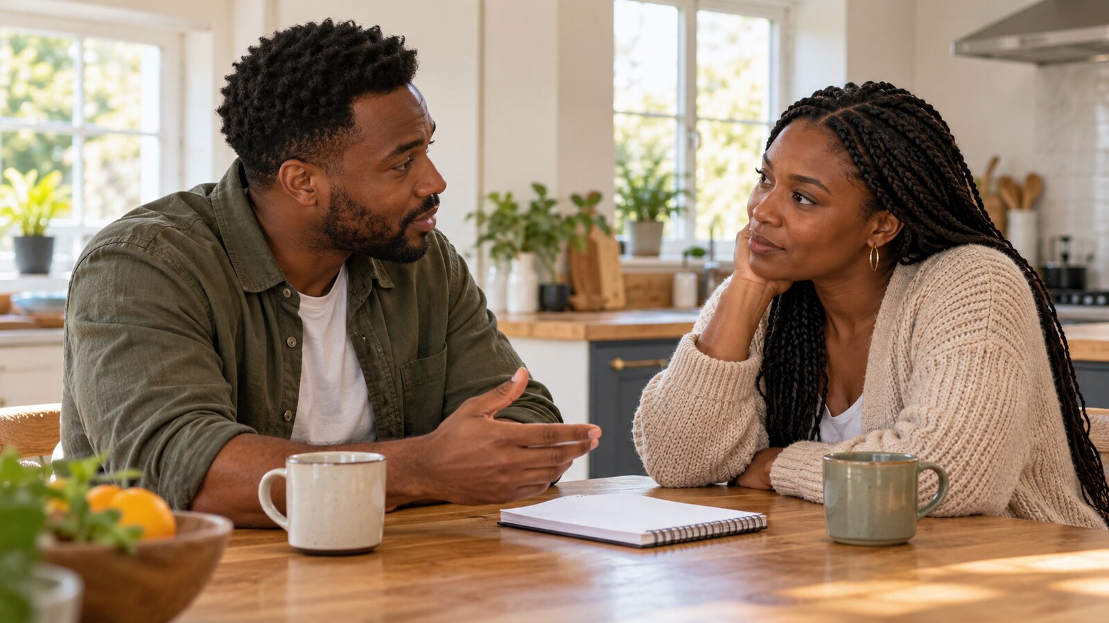 Conceptual AI illustration of a Black British couple having a calm, attentive conversation at a sunlit kitchen table with two mugs and a blank notebook.