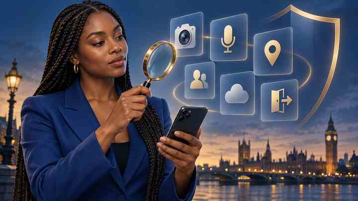 Conceptual AI illustration of a woman using a magnifying glass to inspect camera, microphone, location, contacts, cloud and account-deletion symbols beside a smartphone.