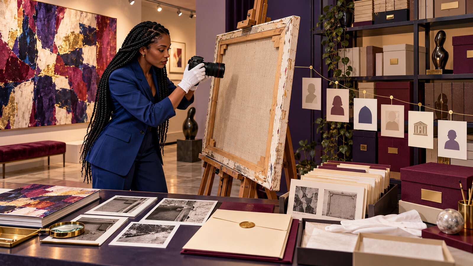 Conceptual AI illustration of a Black British woman with long braids photographing the back of a canvas while organising archival boxes, condition images and an ownership timeline.