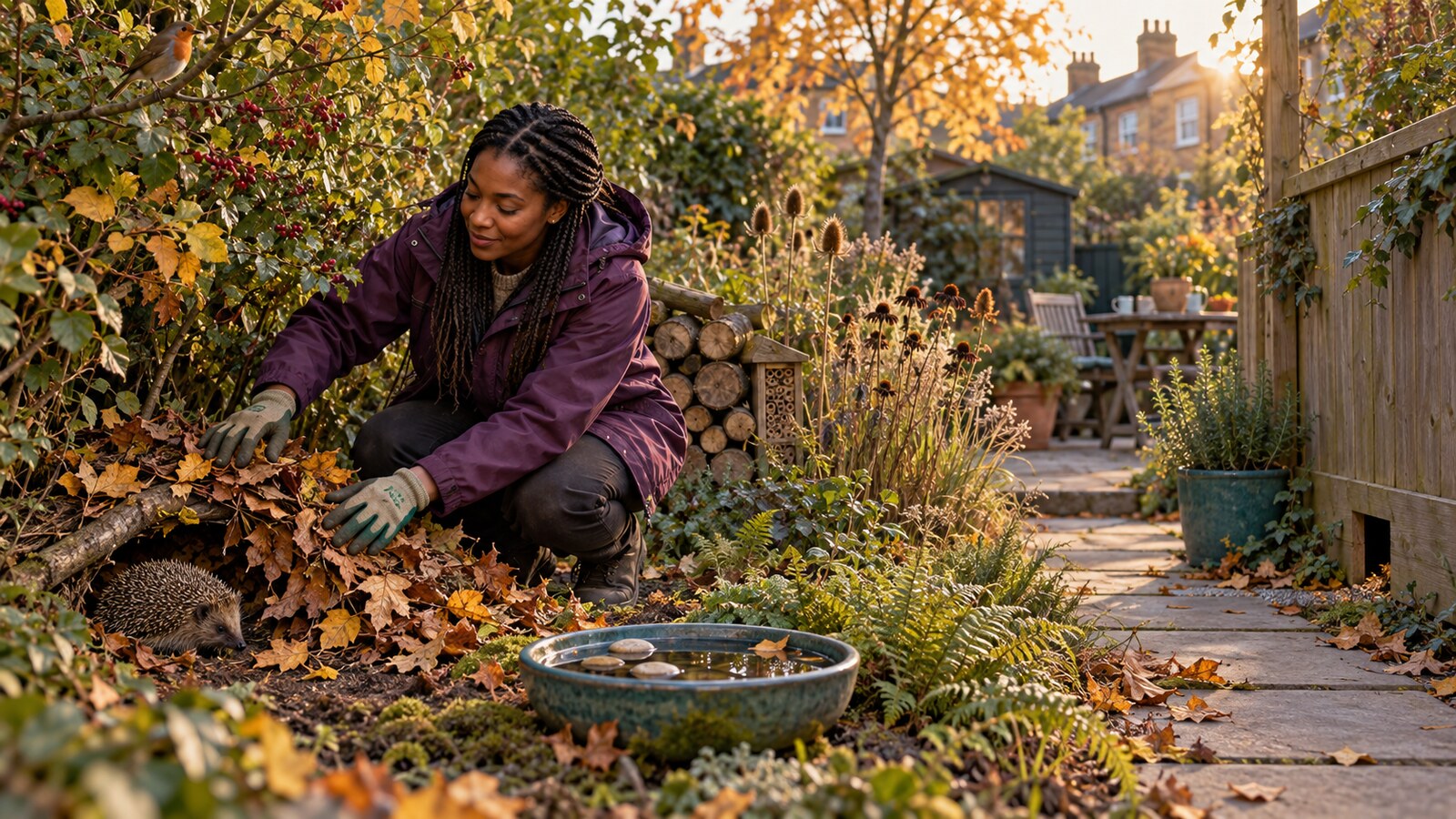 Conceptual AI illustration of a woman arranging autumn leaves beside a hedge, log pile and water dish to create a safe winter wildlife refuge