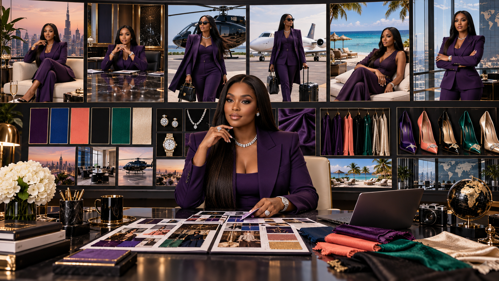 Contact sheet of a consistent Black female CEO character across boardroom, runway, penthouse and resort settings
