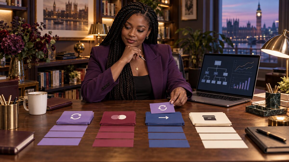 Conceptual AI illustration of a Black female publisher sorting article cards into update, merge, redirect and archive groups beside a laptop.