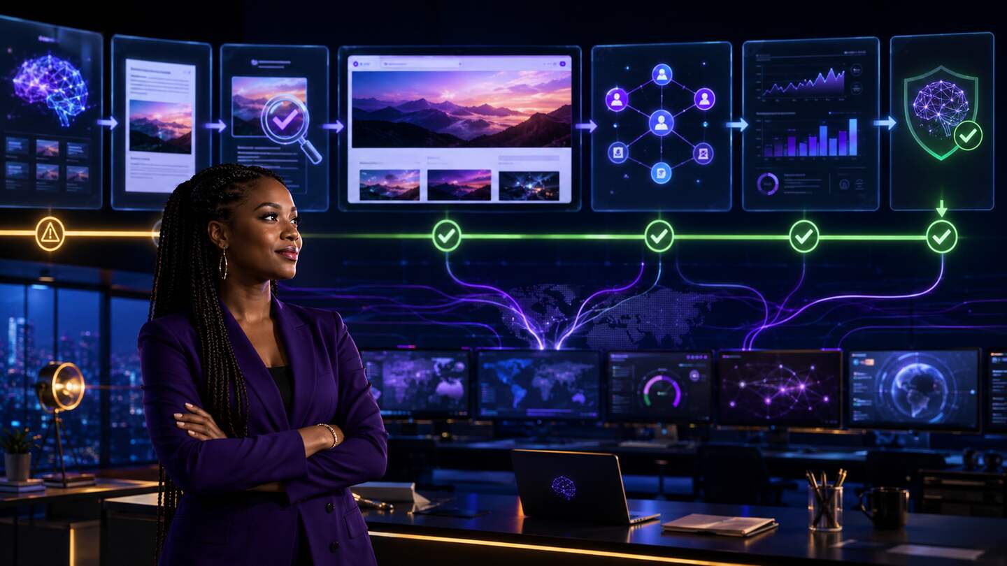 Black female publisher supervising an AI publishing workflow from creation through social verification and analytics