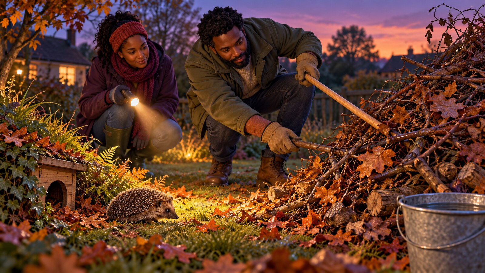 Conceptual AI illustration of two adults checking an unlit autumn bonfire pile with a torch and broom handle as a hedgehog moves towards safe shelter.