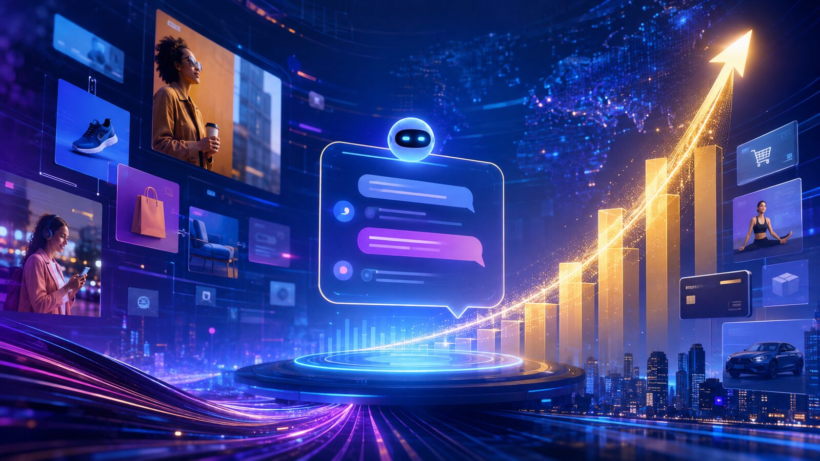 Conversational AI advertising interface surrounded by commerce panels and a rising revenue chart.