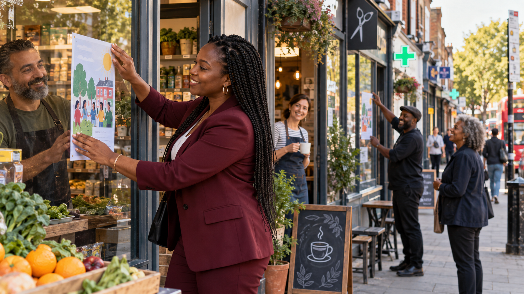 Black female community leader sharing flyers with welcoming independent shopkeepers on a British high street