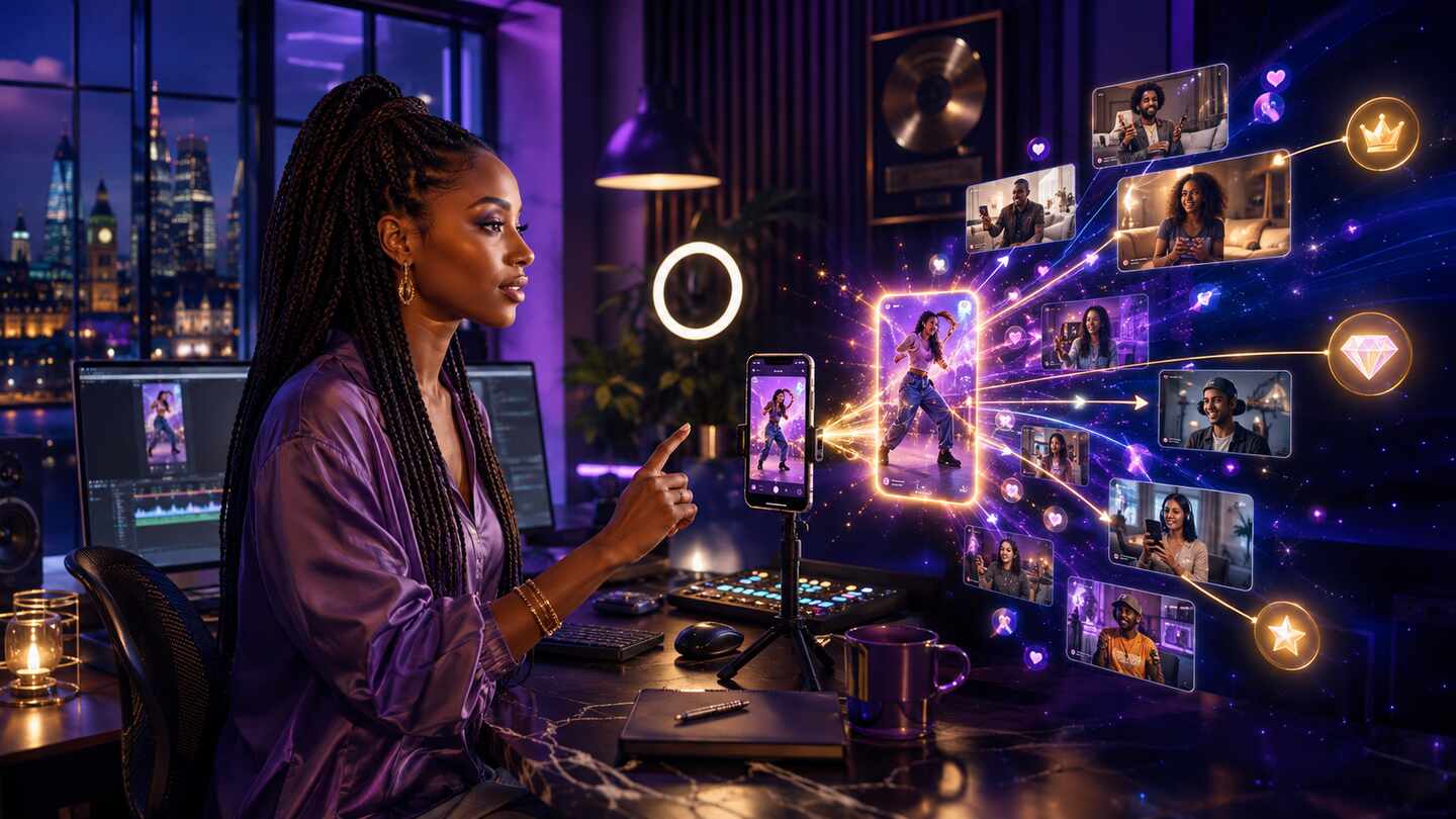 Black female creator directing a short-form AI video from a London studio as it reaches multiple audience screens